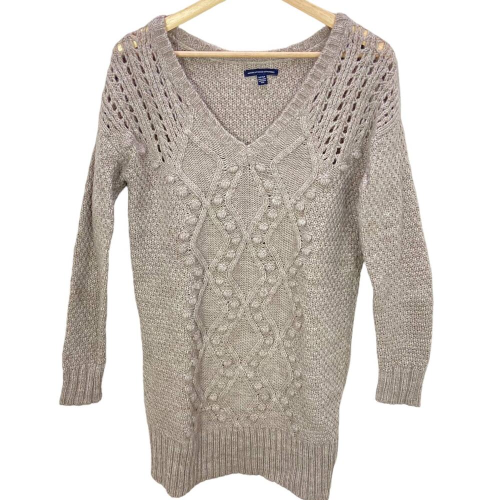 American Eagle Tunic Sweater Size S Bobble Neutral Taupe Beige V Neck